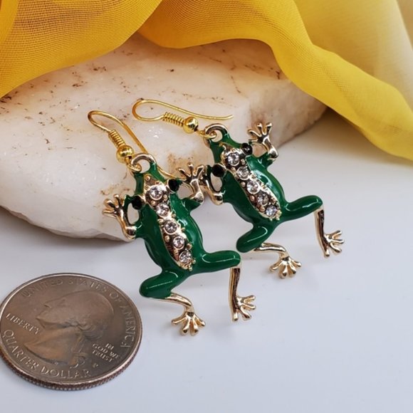 Gold Earring Frog Jewelry Green Lucky Charm Frogs Crystals - Picture 3 of 5